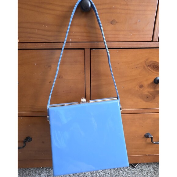 La Terre Handbag Blue Retro Metal Hardware Adjustable Strap Patent Faux Leather - Picture 1 of 13